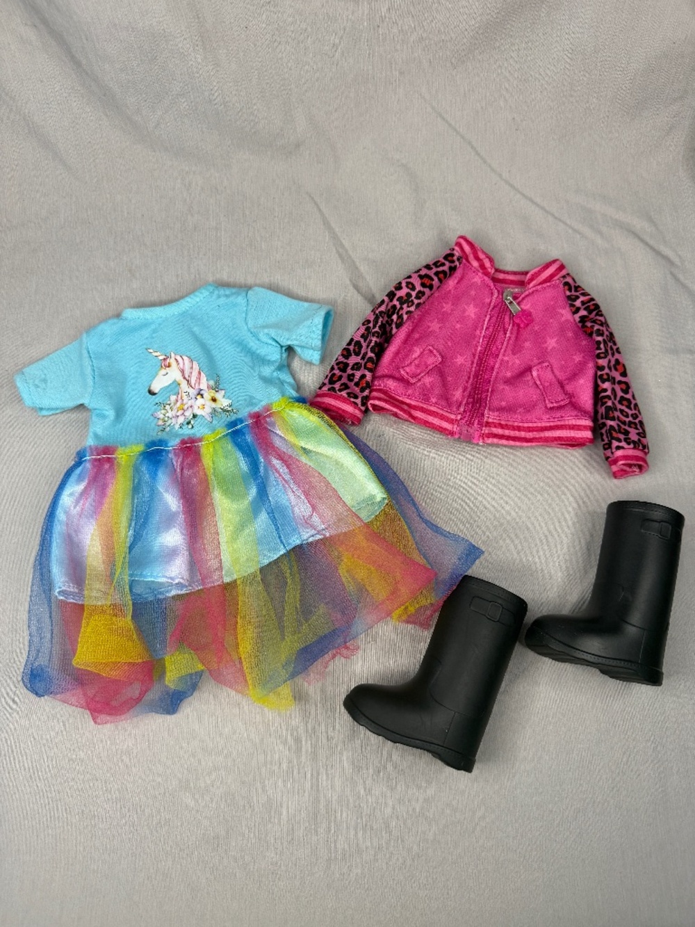 Outfit for 18” Doll – Pink Jacket & Unicorn Dress w/ Boots